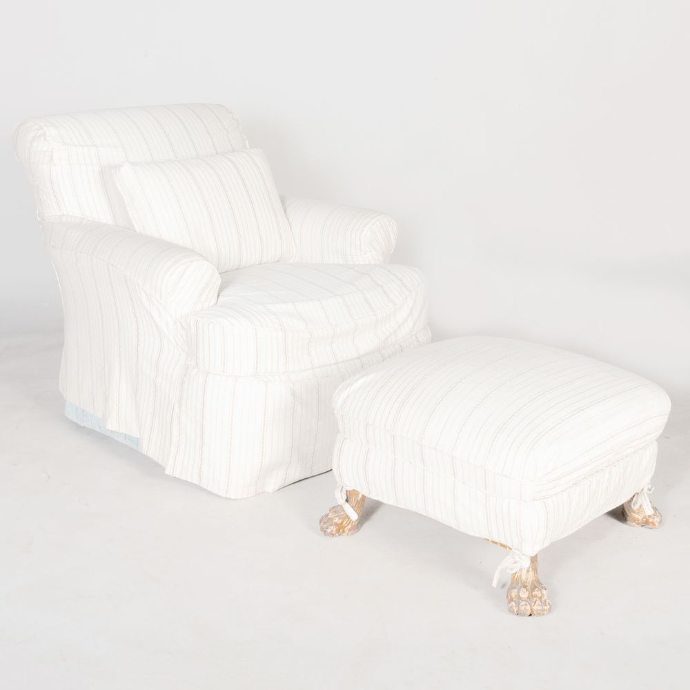 Appraisal: Cotton Slip Covered Club Chair and Ottoman The chair with