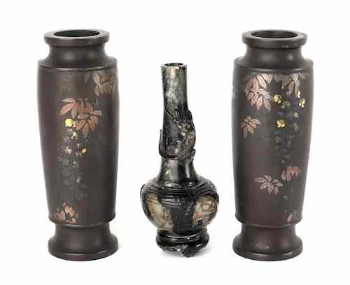 Appraisal: Pair of Chinese or Japanese mixed metal inlaid bronze vases