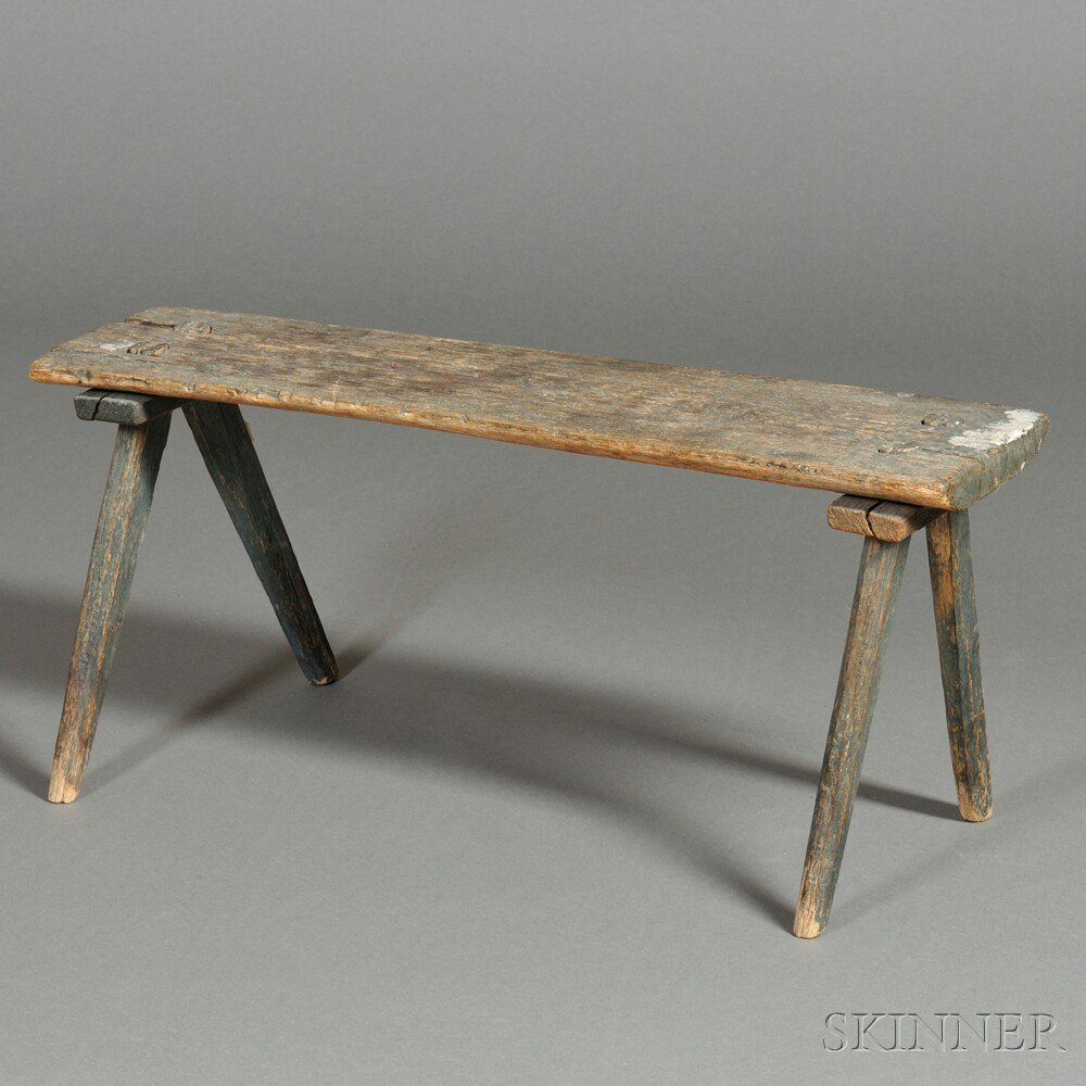 Appraisal: Small Blue-painted Splayed-leg Bench probably New England th century the