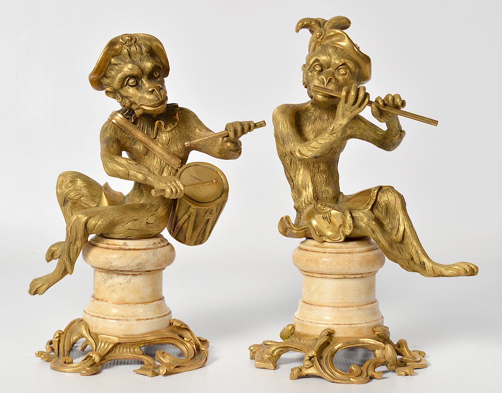 Appraisal: Pair th c Gilt Bronze Monkeys on Marble Bases Pair