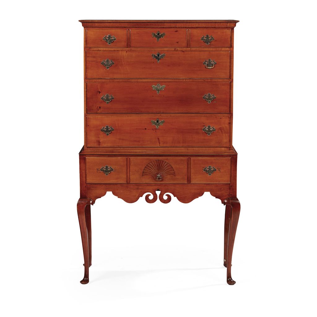 Appraisal: AMERICAN 'CHIPPENDALE' FIGURED MAPLE CHEST ON STAND LATE TH CENTURY