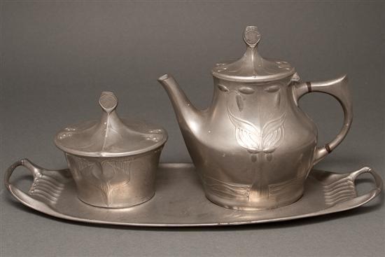 Appraisal: German Art Nouveau pewter three-piece tea set Kayserzinn circa comprising