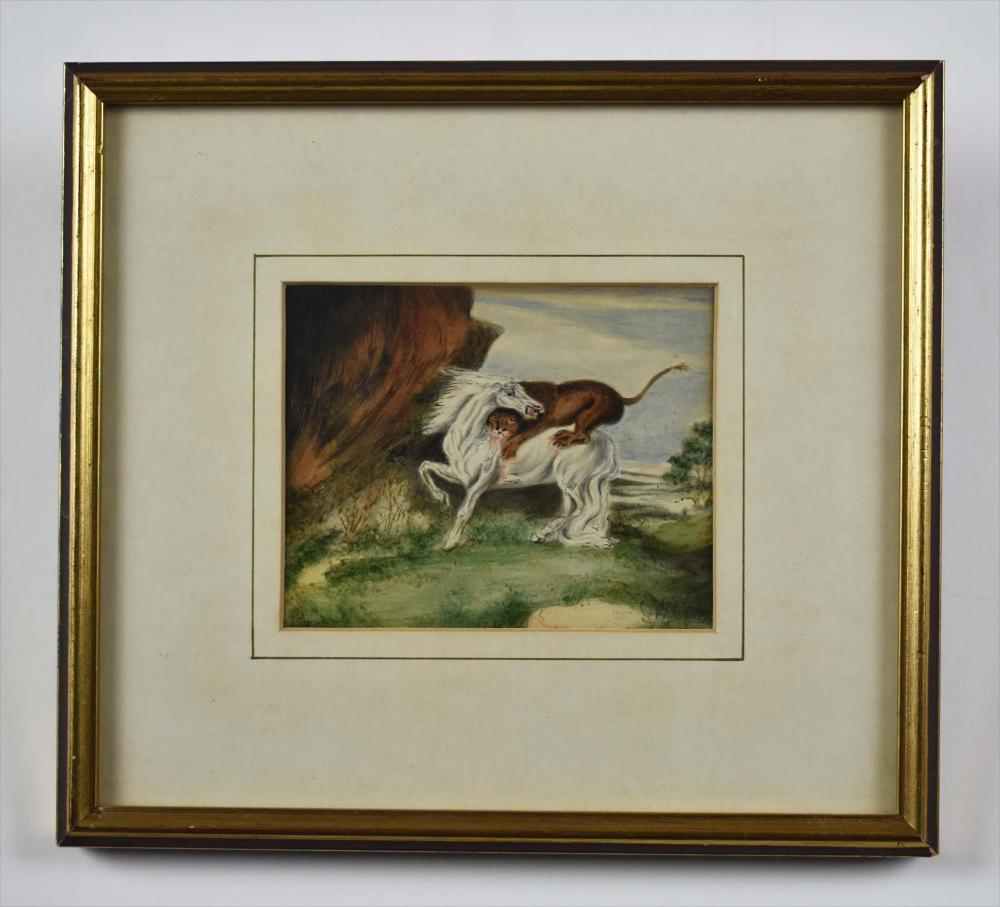 Appraisal: AFTER EUGENE DELACROIX EUROPEAN SCHOOL Lion Attacking a Stallion Signed