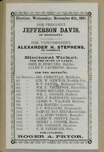 Appraisal: piece Printed Confederate Handbill Virginia Oct Nov Election Wednesday November