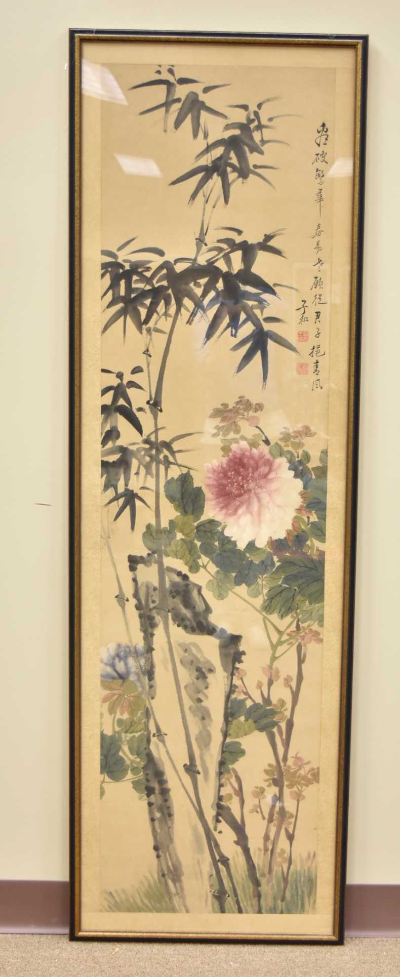 Appraisal: Chinese painting of blossoming peony flower plants and rockwork with