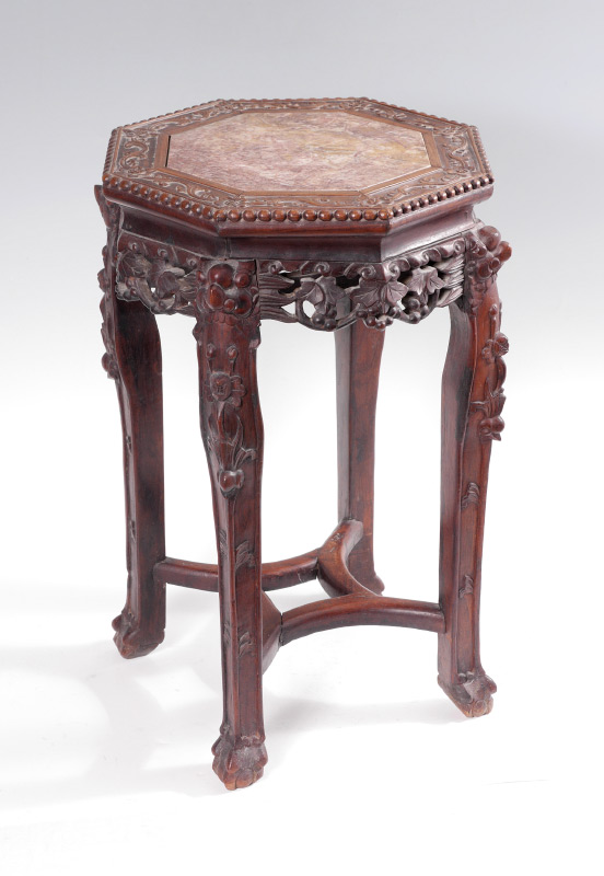 Appraisal: CHINESE CARVED MARBLE INSERT PLANT STAND Octagonal top with inset