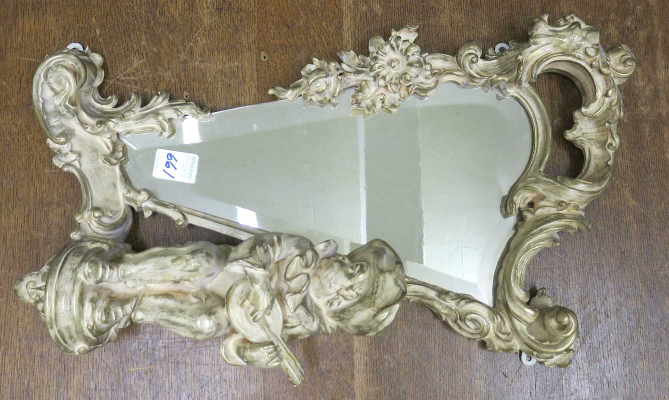 Appraisal: FRENCH STYLE COMMEDIA DELL'ARTE WALL MIRROR a harp-shaped beveled mirror