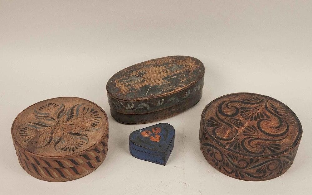 Appraisal: Four Painted Wood Boxes Lot comprising three painted wood lidded