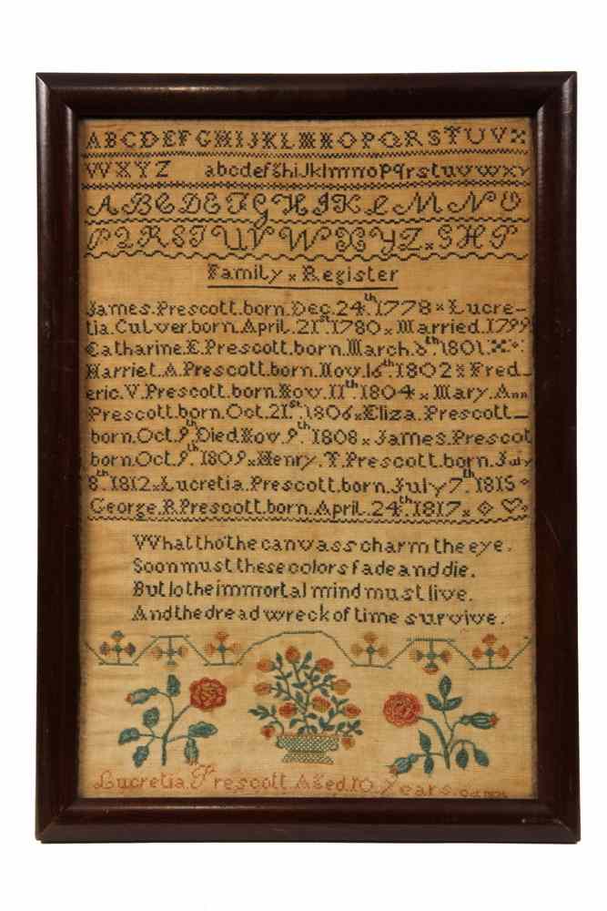 Appraisal: FAMILY REGISTER SAMPLER - Prescott Family Register Sampler silk on