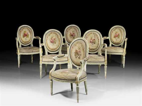 Appraisal: SET OF PAINTED FAUTEUILS EN CABRIOLET Louis XVI stamped N