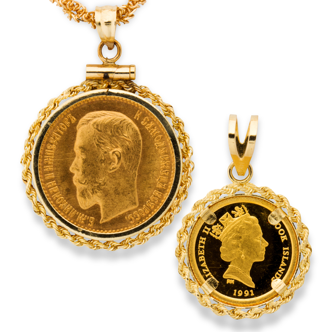 Appraisal: A GROUP OF GOLD COIN AND FOURTEEN KARAT GOLD PENDANTS