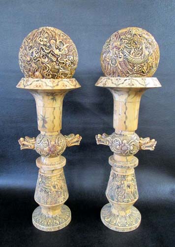 Appraisal: PAIR CHINESE BONE VENEERED BALLS ON STANDS bone tiles on