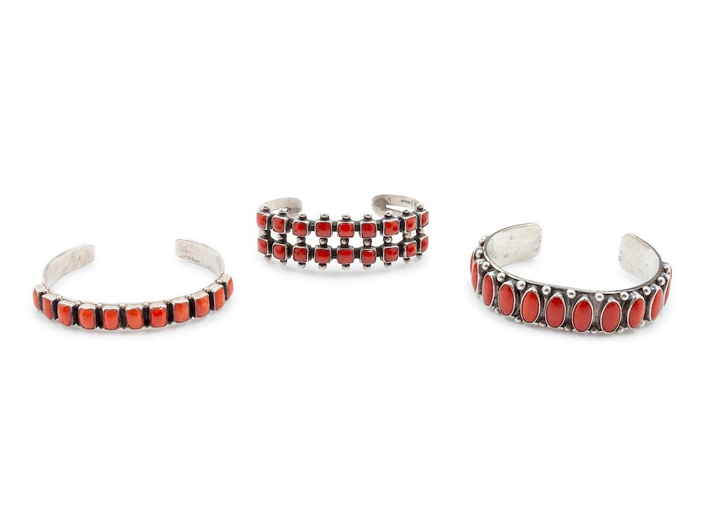 Appraisal: Three Navajo and Southwestern Sterling Silver and Coral Cuff Bracelets