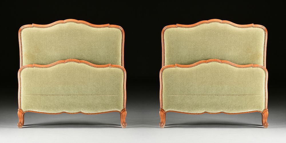 Appraisal: A PAIR OF LOUIS XV STYLE MOHAIR UPHOLSTERED BEECH TWIN