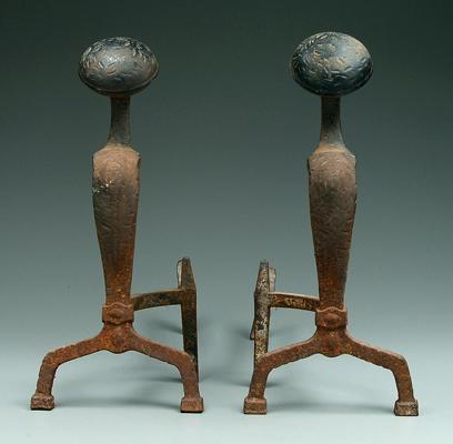 Appraisal: Pair iron andirons curved and tooled front with medallion finials