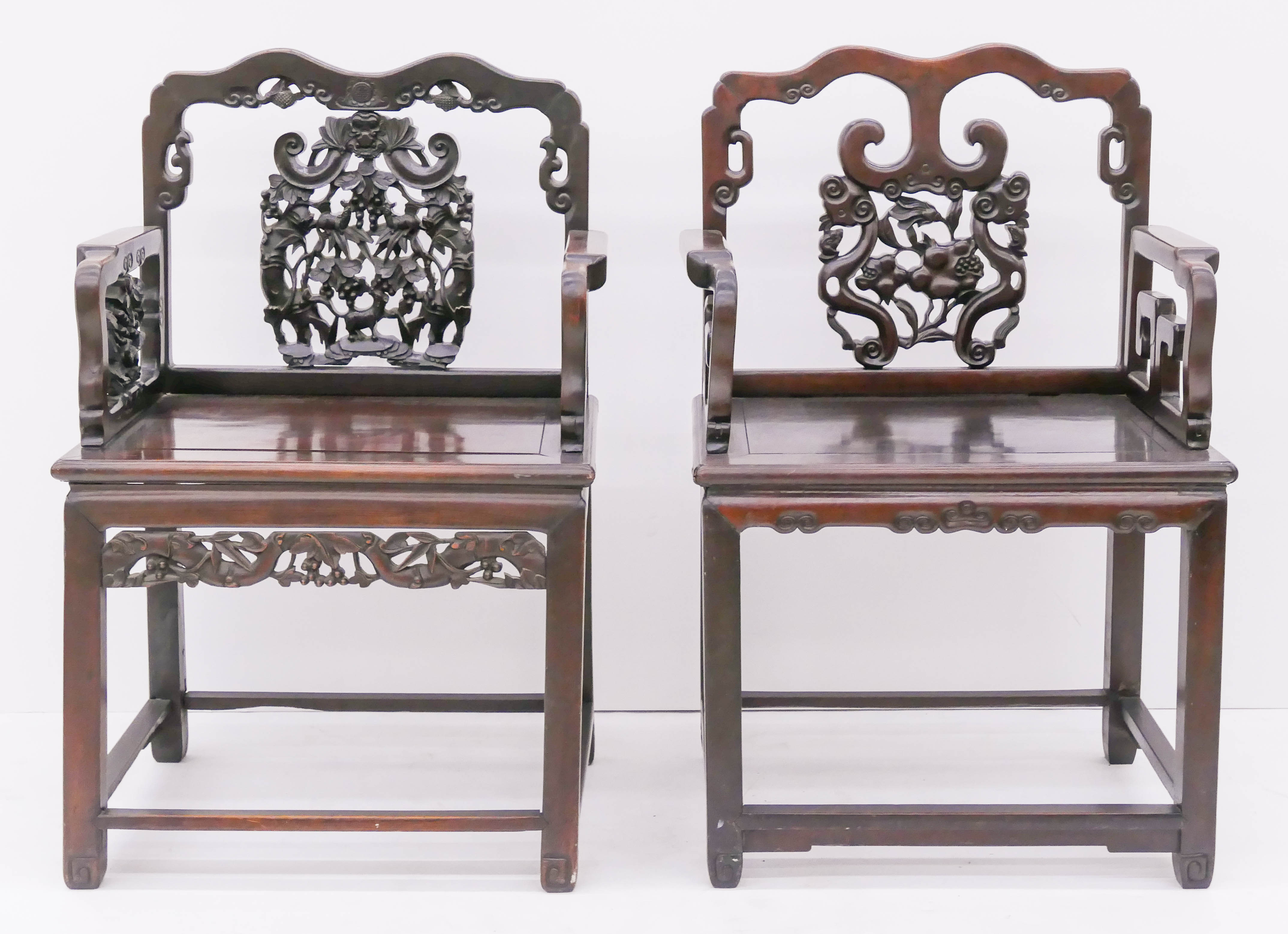 Appraisal: pc Chinese Qing Rosewood Armchairs ''x ''x '' Heavily carved