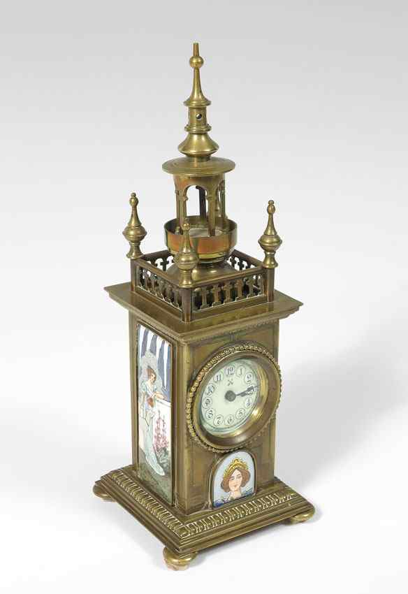 Appraisal: GERMAN TOWER CLOCK WITH ENAMEL INSERTS Brass case in the