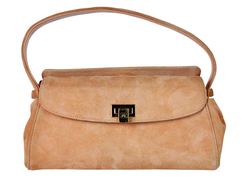 Appraisal: CHANEL Peach Suede Leather Handbag with CC Lock Chanel peach