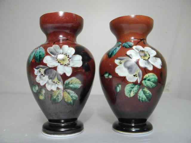 Appraisal: Pair of floral enameled art glass vases From a large