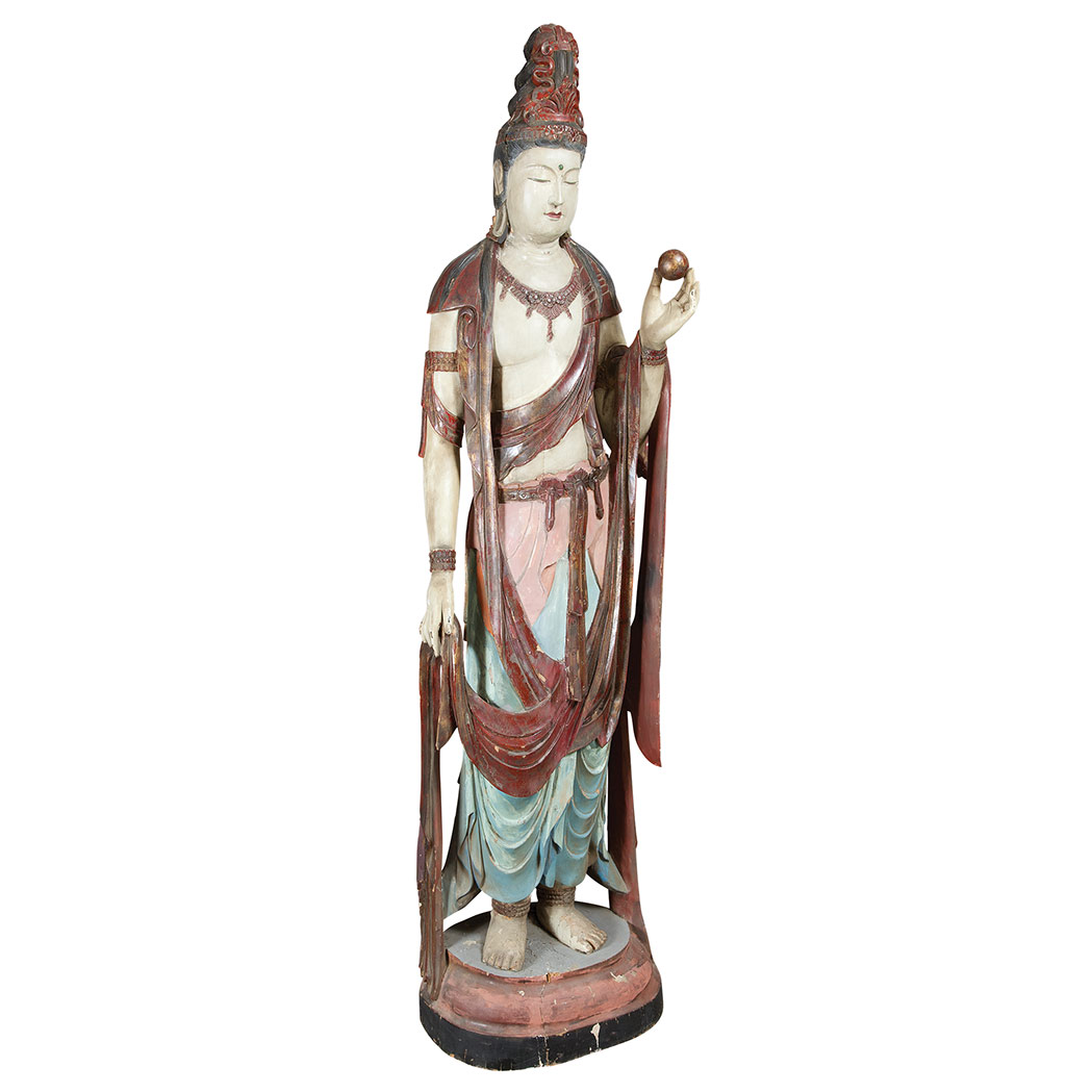 Appraisal: Chinese Painted Wood Figure of Guanyin Carved standing holding a