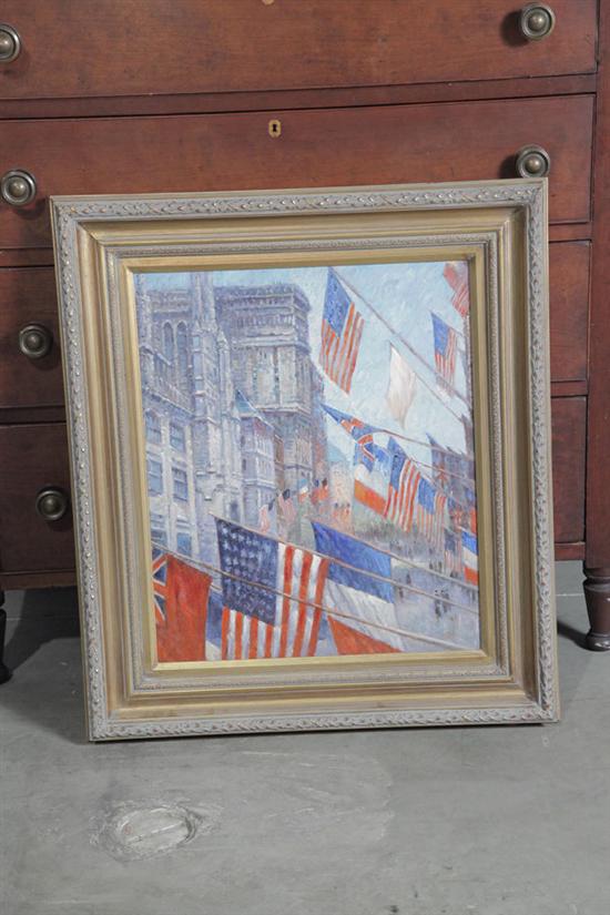 Appraisal: PAINTING Oil on canvas depicting a city street scene bedecked