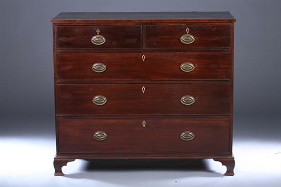 Appraisal: GEORGIAN MAHOGANY TWO-OVER-THREE DRAWER CHEST String inlay ogee bracket feet