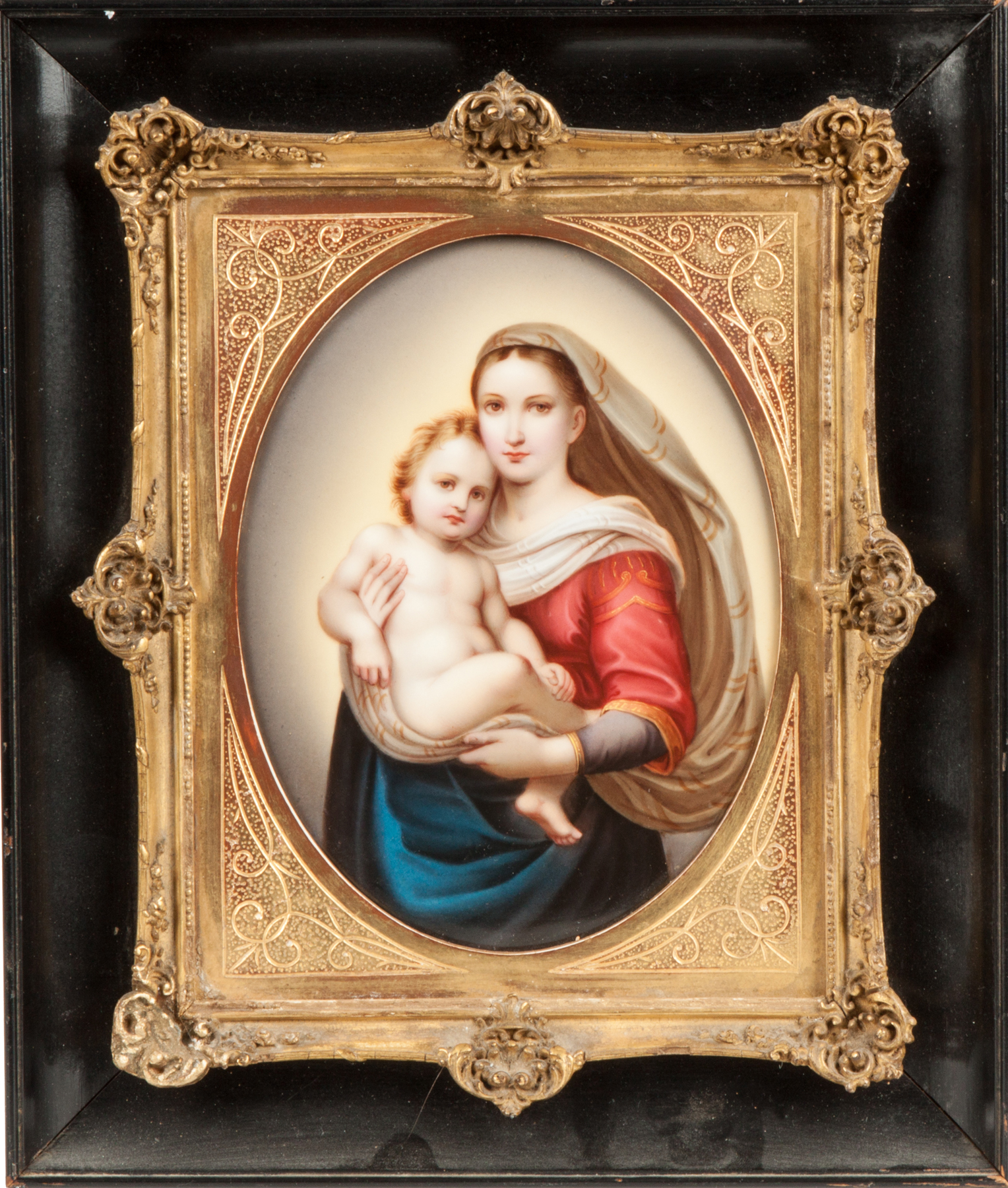 Appraisal: German Hand Painted Porcelain Plaque of Madonna Child th cent