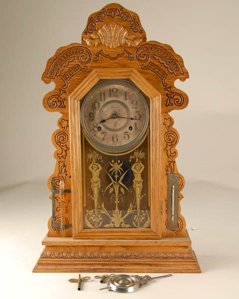 Appraisal: Ansonia Kitchen Oak Clock broken thermometer day time and strike