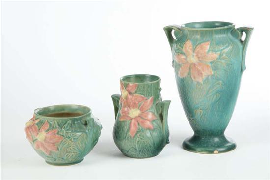 Appraisal: THREE ROSEVILLE VASES All in the Clematis pattern and double