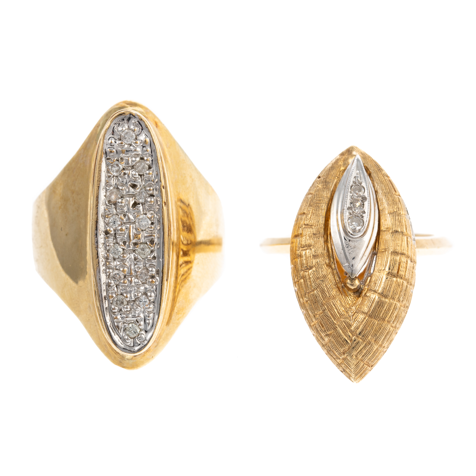 Appraisal: A PAIR OF NAVETTE-SHAPED DIAMOND RINGS IN GOLD K yellow