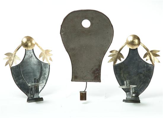 Appraisal: THREE TIN WALL SCONCES American Nineteenth century single sconce with