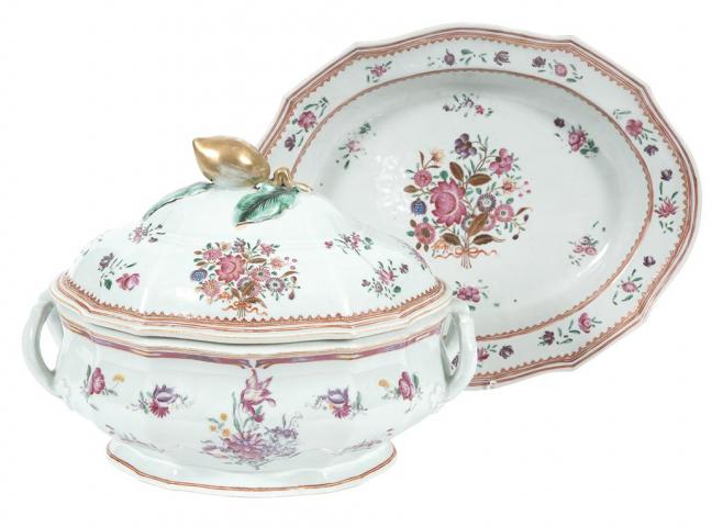 Appraisal: Chinese Export Famille Rose Porcelain Tureen on Stand Of silver