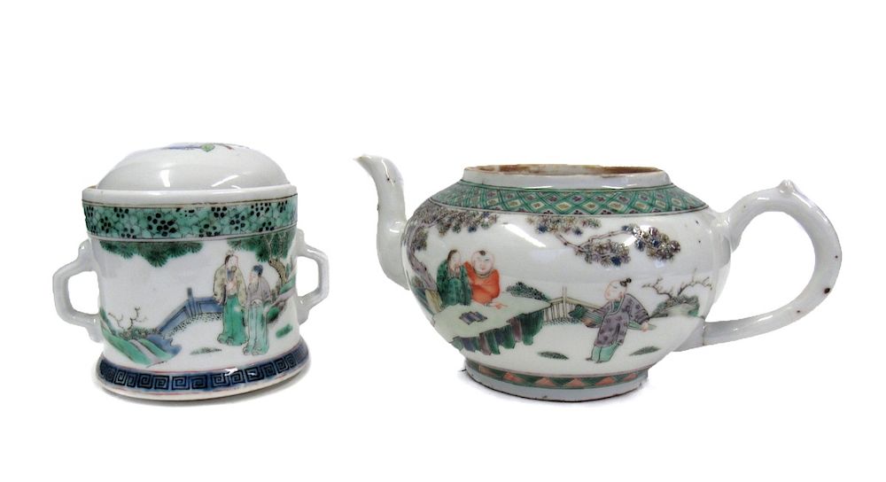 Appraisal: Famille Verte Export Teapot and Strainer Decorated with scholars in