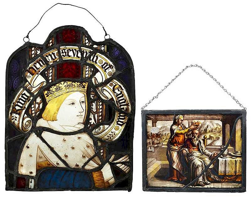 Appraisal: Two Painted Leaded Glass Panels Continental possibly th century one