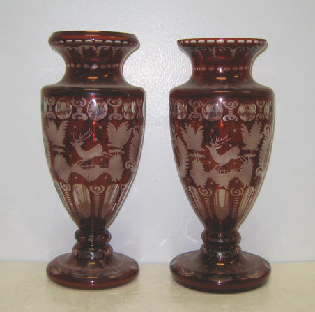 Appraisal: PAIR OF BOHEMIAN FLASHED RUBBY RED GLASS VASES Each footed