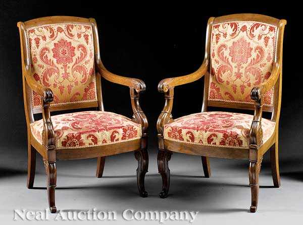 Appraisal: A Pair of Charles X-Style Carved Mahogany Fauteuils th c