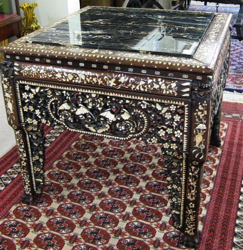 Appraisal: A SQUARE MOTHER-OF-PEARL INLAID AND MARBLE TOPPED HARDWOOD CENTER TABLE