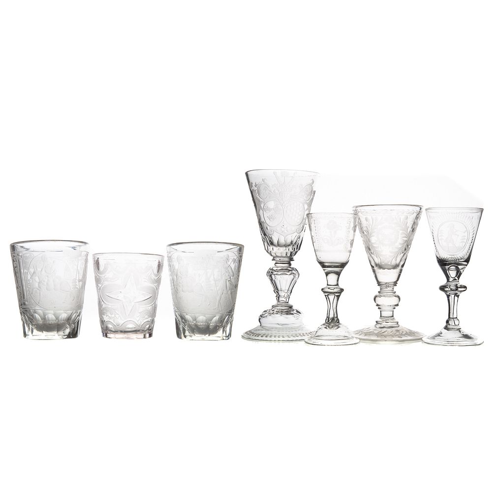 Appraisal: Seven Wheel Etched Glasses th century or earlier four stems