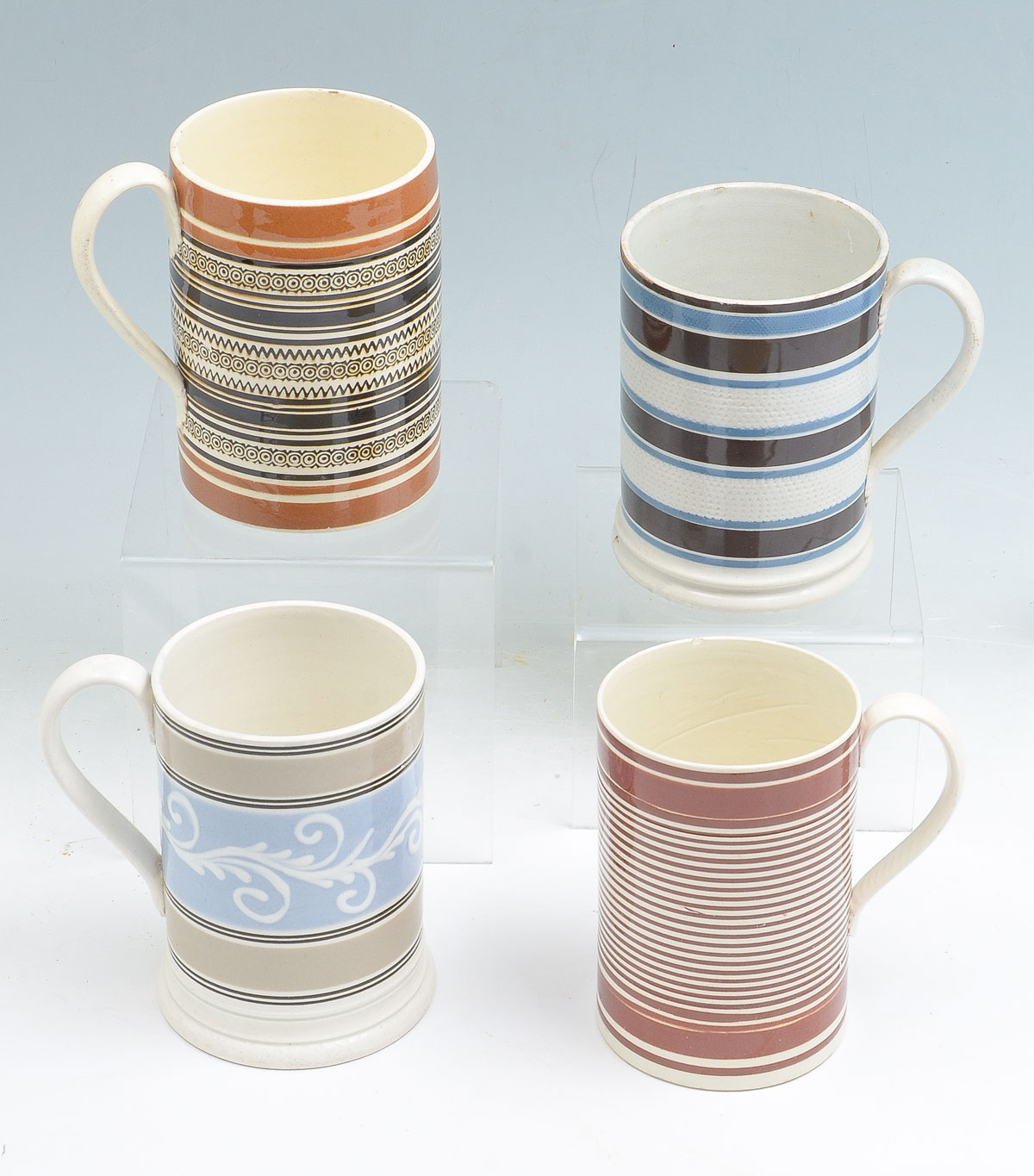 Appraisal: PC EARLY ENGLISH MOCHAWARE MUGS Largest Approx '' h x