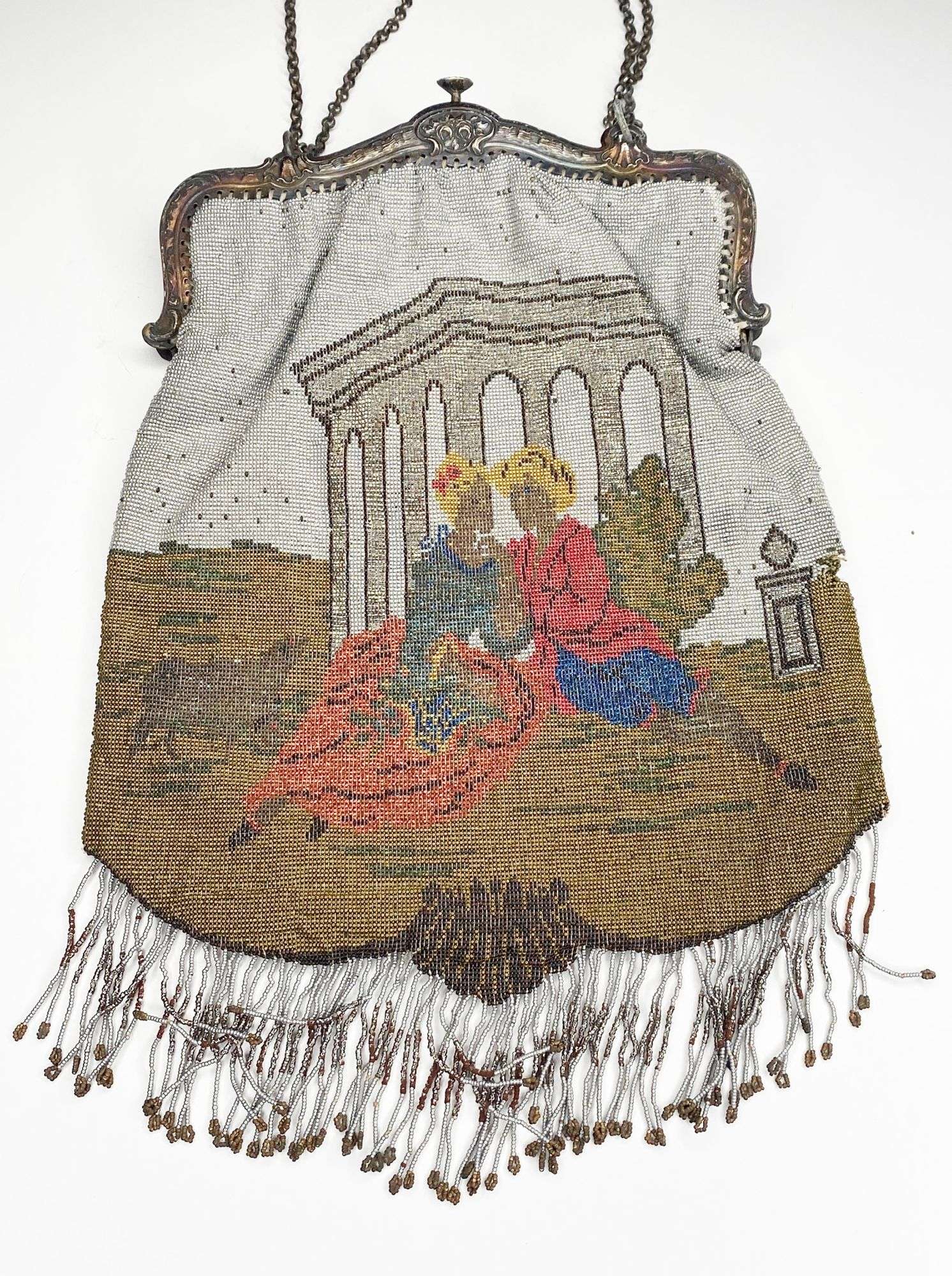 Appraisal: French Steel Micro Beaded Hand Bag with Courting Scene long