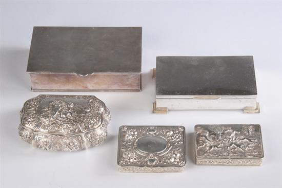 Appraisal: FIVE CONTINENTAL SILVER AND SILVER PLATED BOXES late th -