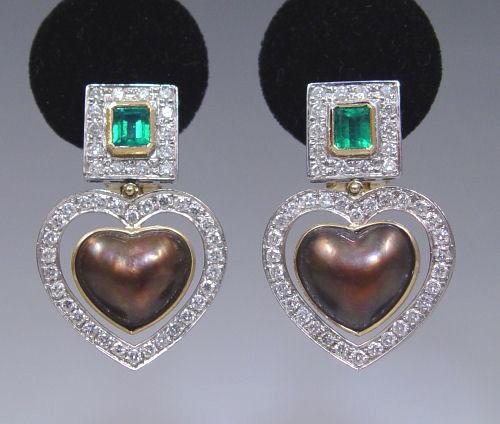 Appraisal: K TONE EMERALD DIAMOND AND MABE PEARL EARRINGS K white