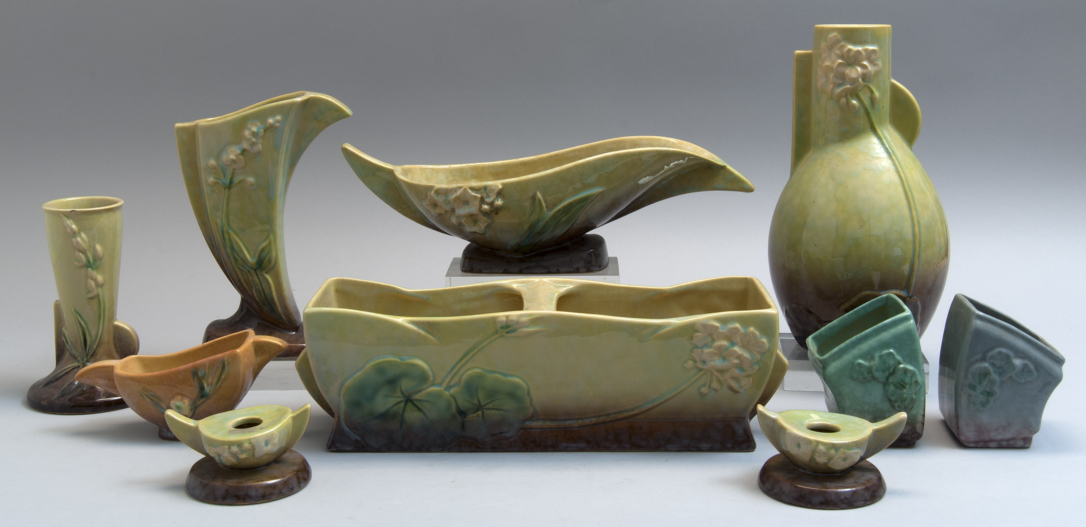 Appraisal: TEN PIECES OF WINCRAFT ROSEVILLE POTTERY s Chartreuse to purple