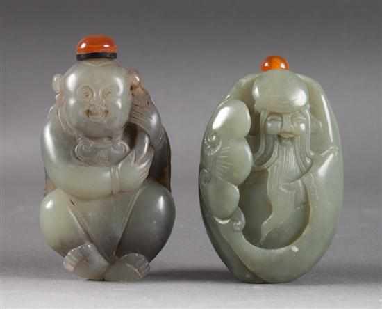 Appraisal: Two Chinese carved jade figural snuff bottles God of Longevity