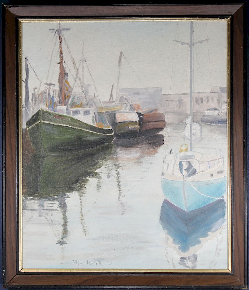 Appraisal: Hower th C Painting of Docked Boats in Harbor Hower