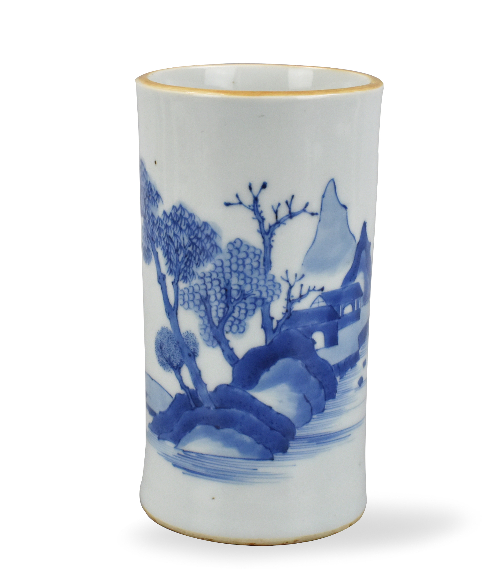 Appraisal: Tall blue and white glaze Chinese brushpot with placid nature