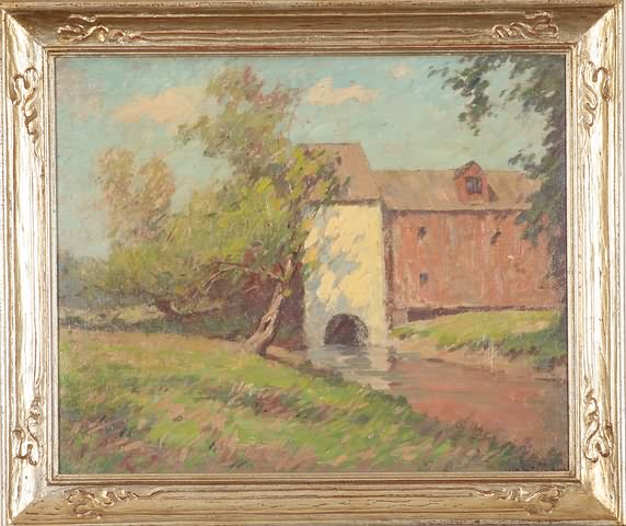 Appraisal: Landscape with mill oil on masonite x SLR J H