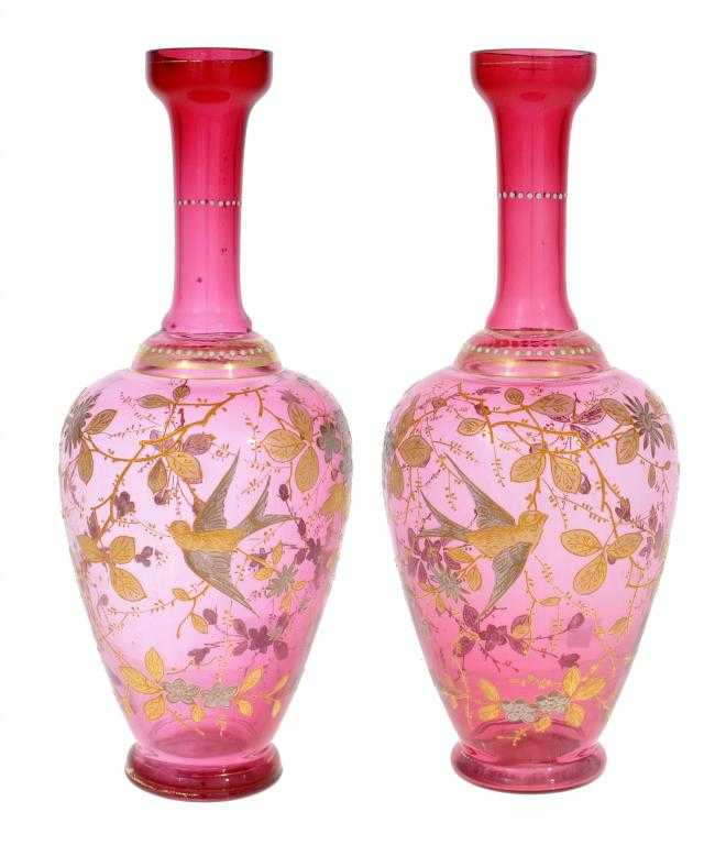 Appraisal: A PAIR OF RED GLASS VASES of shouldered form with