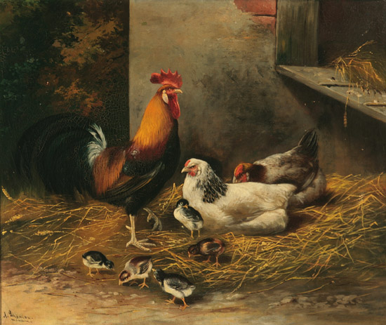 Appraisal: Alfred Sch nian German - Barn Interior with Rooster Hen