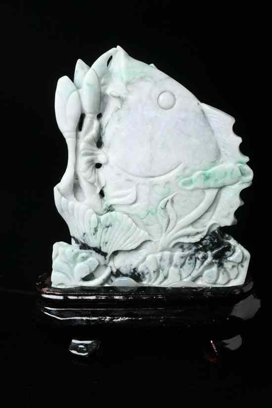 Appraisal: CHINESE JADEITE CARVING OF FISH AND LOTUS BUD - in